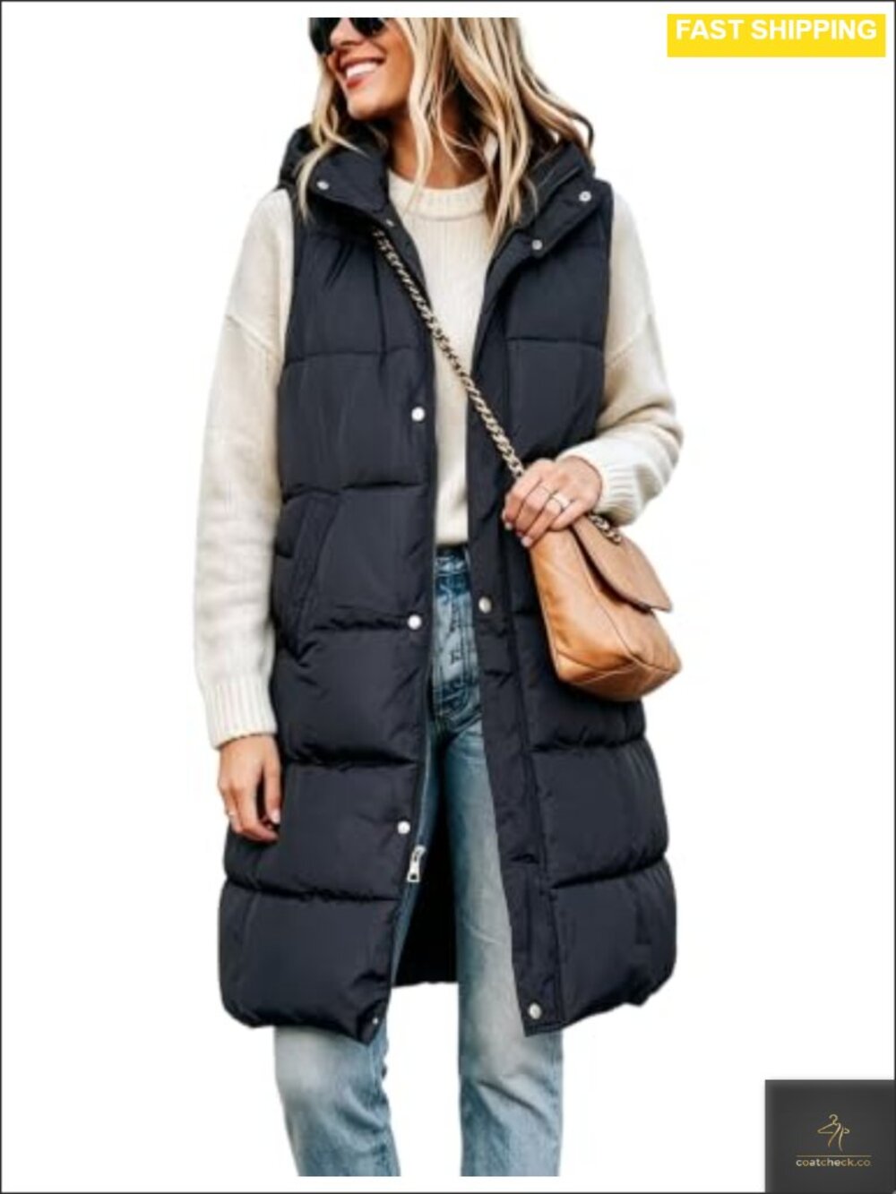 Long Puffer Vest Removable Hood Sleeveless Quilted Outwear